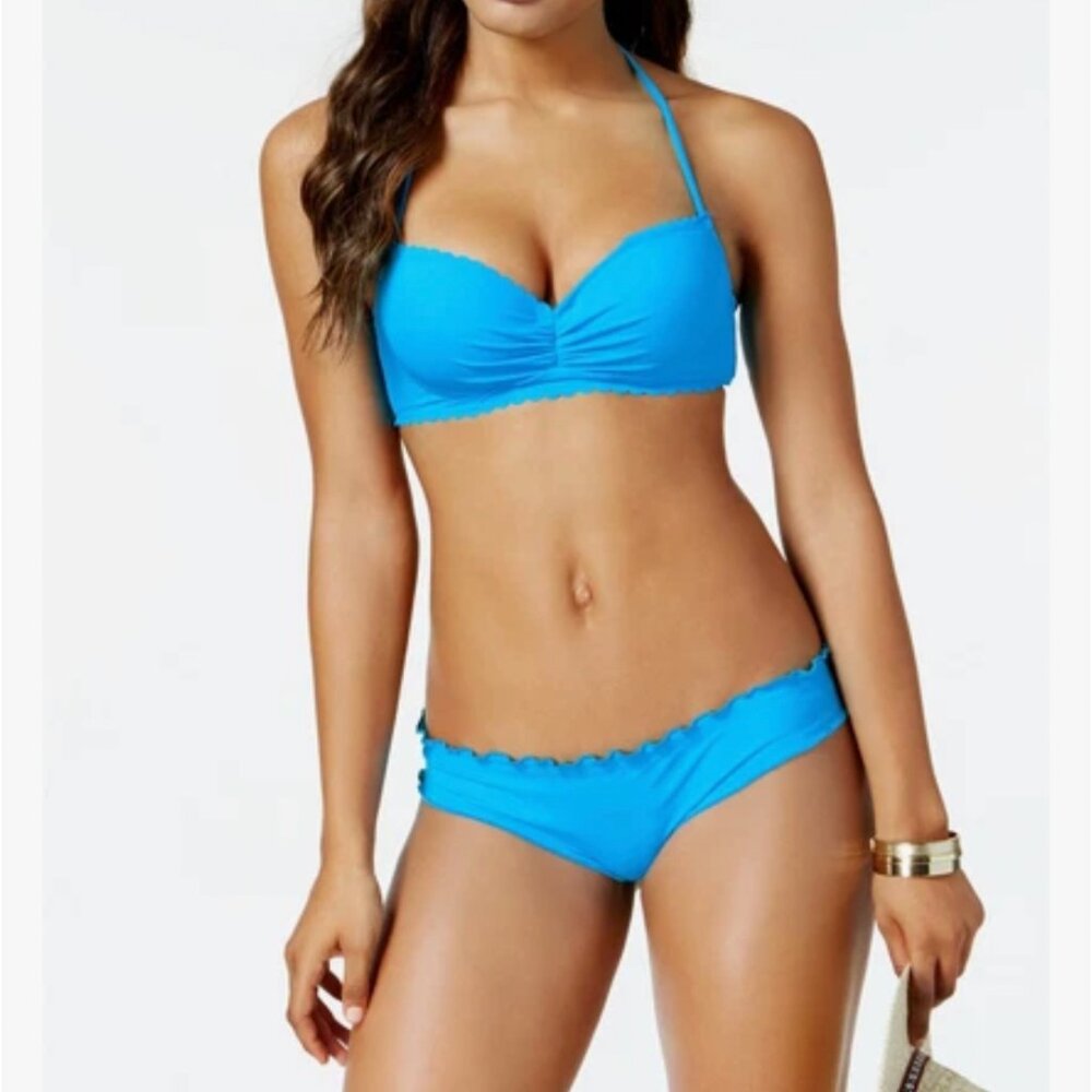 SunDazed 34 DD Bra cup solid turquoise blue underwire top set shirred ruffled